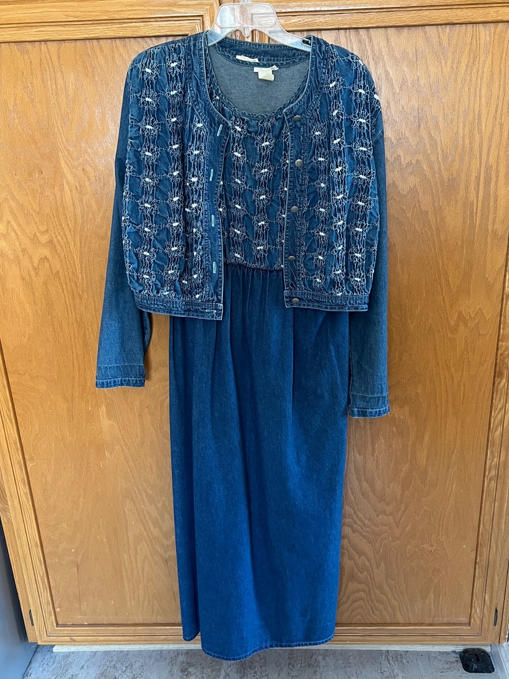 Vintage Frankie D. Smocked Denim Dress & Jacket Set, Floral Stitching, 100%